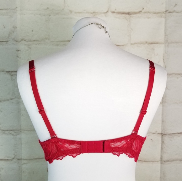 La Senza 36C Red Lace Overlay Push-Up Bra Thick Foam Padded Cups Underwire - Picture 4 of 10